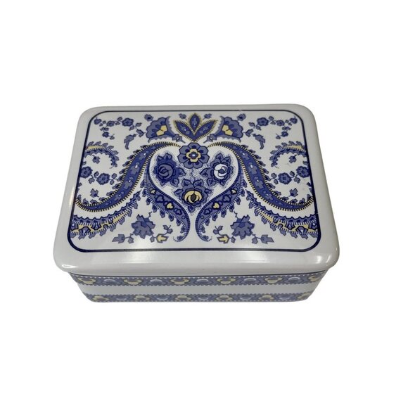 Unbranded Other - Thai Stoneware Trinket Box With Blueish Purple and Yellow Floral Paisley Pattern